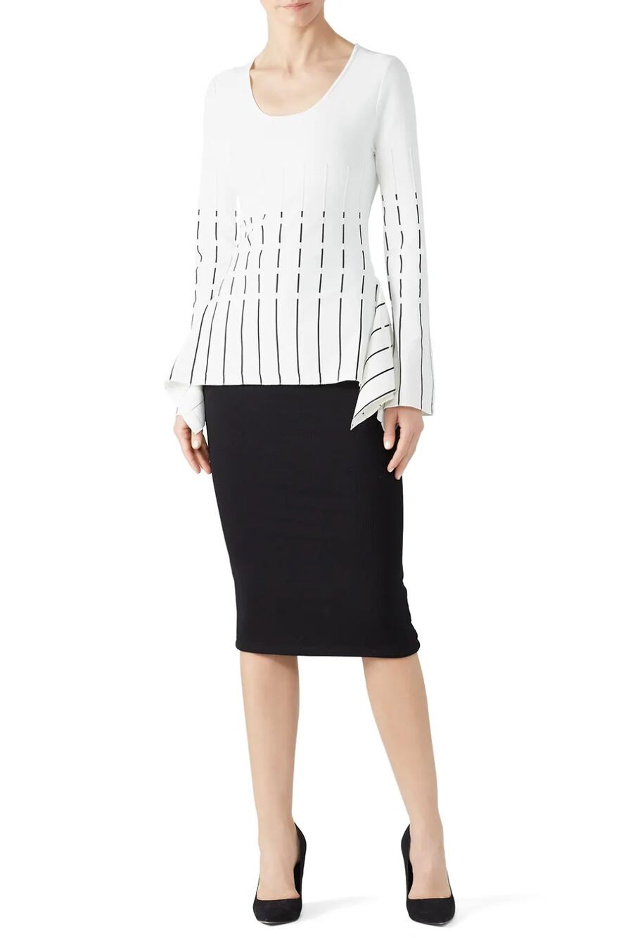 Prabal Gurung Peplum Sweater Top Womens 4 White Stripe Bell Sleeve Scoop Neck